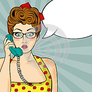 Pop art woman chatting on retro phone . Comic woman with speech