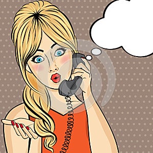 Pop art woman chatting on retro phone . Comic woman with speech