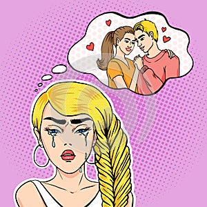 Pop art woman crying because her man is cheating with another woman, retro comic style vector illustration eps10