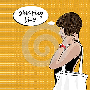 Pop Art Woman With Ecobag. Shopping Time.