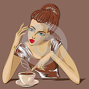 Pop art woman face with cup of tea