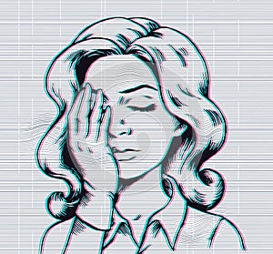 Pop art woman facepalm on glitch backround