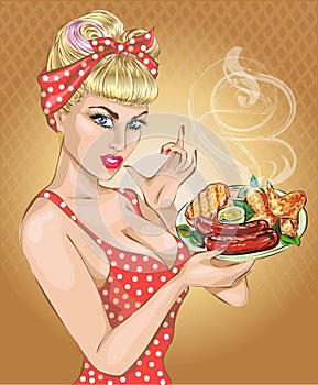 Pop Art woman with foog plate. Pin-up girl, BBQ, sausage. Fashion, wife,