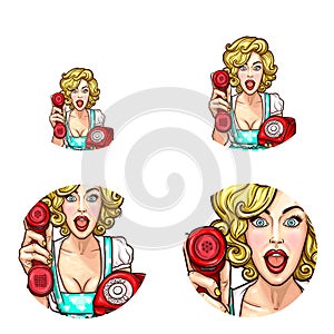 Pop art woman or girl holding out phone receiver vector isolated retro sketch icons set