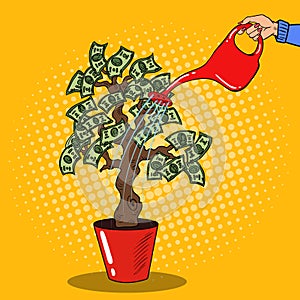 Pop Art Woman Hand with Can Watering Money Tree