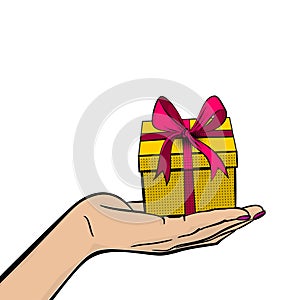 Pop art woman hand hold gift box ribbon