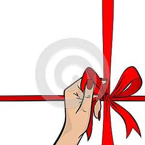 Pop art woman hand hold red ribbon gift box