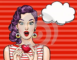 Pop Art woman hold heart with thought bubble