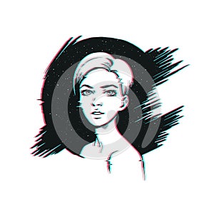 Pop art woman illustration with distressed glitch effect