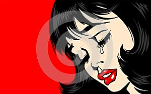 Pop Art Woman Ñlose-up. beautiful girl in pop art style crying. tear on the lady`s face. The lush red lips of a sexy brunette.