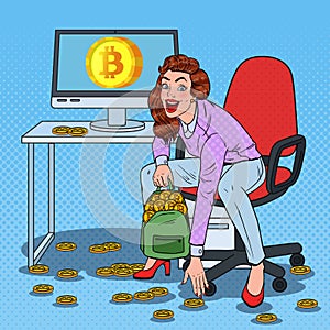 Pop Art Woman Miner Put Bitcoins in BackPack. Crypto Currency Business Technology. Virtual Money