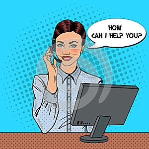 Pop Art Woman Operator Consulting Client on Hotline