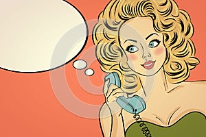 pop art woman in party dress talking on a retro phone and s