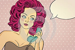 pop art woman in party dress talking on a retro phone and s