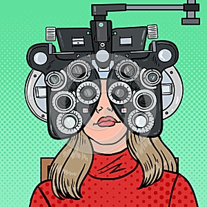 Pop Art Woman Patient at Optometric Clinic with Optical Phoropter. Eye Exam