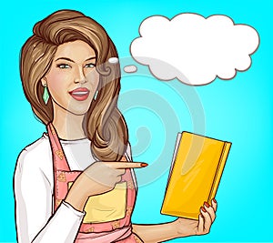 Pop art woman pointing finger into open cook book
