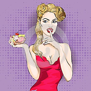 Pop art woman portrait with cupcake or ice cream