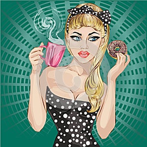 Pop Art woman portrait with morning cup of tea and donut