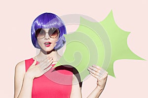 Pop Art Woman Portrait Wearing Purple Wig And Sunglasses.