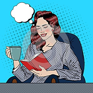 Pop Art Woman Reading Book and Drinking Coffee