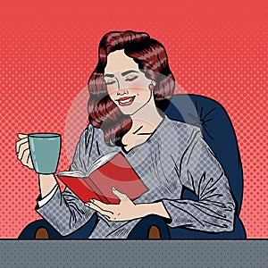 Pop Art Woman Reading Book and Drinking Coffee