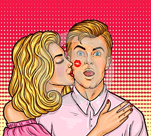 Pop art woman with red lipstick kissed a man
