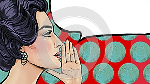 Pop art woman say something with speech bubble. Lady announcing discount or sale. Shopping time. Gossip woman