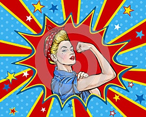 Pop art woman showing her biceps. We Can Do It. Girl power advertising poster.