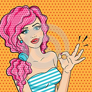 Pop art woman showing OK hand sign and smiling, cartoon illustration in retro comics style