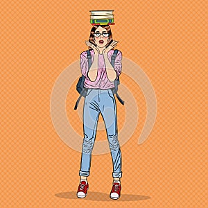 Pop Art Woman Student with Books on her Head