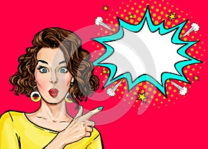 Pop Art Woman surprise showing product .Beautiful girl with curly hair pointing to on bubble