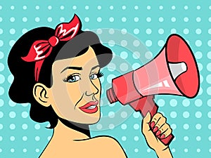 Pop art woman talking using red megaphone