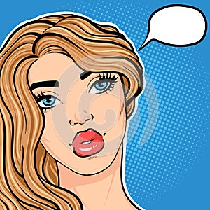 Pop art woman thinking face with text cloud in retro style