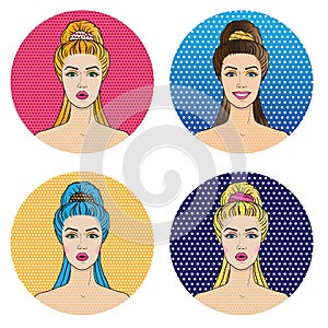 Pop Art women avatar icons in comics style, four trendy girls blonde, redhead, brunette and blue hair woman vector