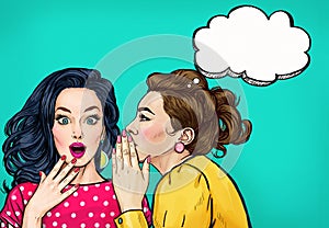 Pop art women gossip with thought bubble. Advertising poster photo