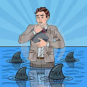 Pop Art Worried Businessman Swimming with Sharks