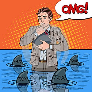 Pop Art Worried Businessman Swimming with Sharks