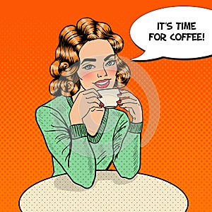 Pop Art Young Beautiful Woman Drinking Coffee in Cafe