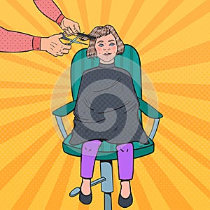 Pop Art Young Girl Getting a Haircut. Kid in Barber Shop. Hairdresser Cutting Child Hair