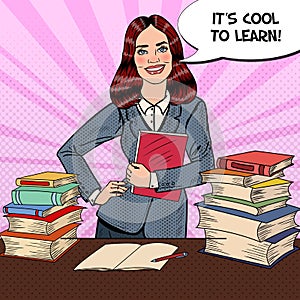 Pop Art Young Happy Woman with Book Standing in Front of Library Table