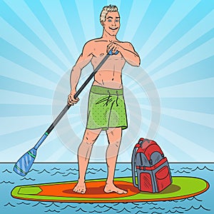Pop Art Young Man Paddling on Stand Up Paddle Board. SUP Watersport on the Sea