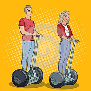Pop Art Young Man and Woman Riding Segway. Happy Couple Driving Urban Transport