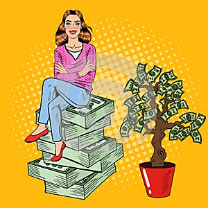 Pop Art Young Rich Woman Sitting on a Stack of Money near Money Tree