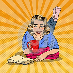 Pop Art Young Smiling Woman Drinking Coffee and Reading Book