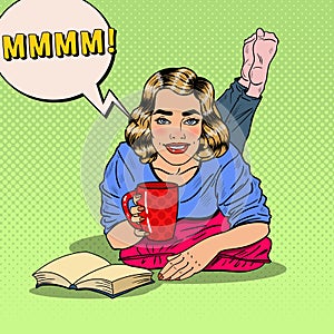 Pop Art Young Smiling Woman Drinking Coffee and Reading Book