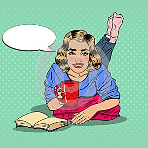 Pop Art Young Smiling Woman Drinking Coffee and Reading Book
