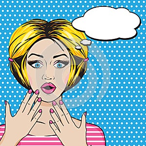 Pop art young woman face with open mouth and big staring yeys. Blonde surprised retro woman in comic style. Vector illustration