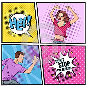 Pop Art Young Woman and Man Dancing. Excited Teenagers. Disco Club Vintage Poster, Music Placard Comic Speech Bubble