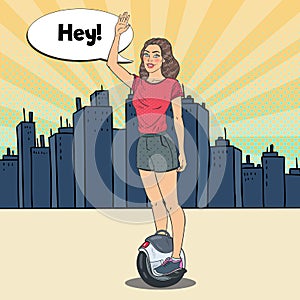 Pop Art Young Woman Riding Solowheel in the City. Urban Electric Transport
