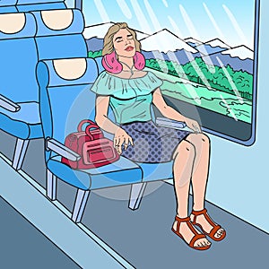 Pop Art Young Woman Sleeping in Train with Earphones. Time to Travel